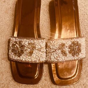 Golden Metallic Platform Sandals with Beaded Strap